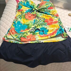 Anne Cole Tropical Floral Tankini with Navy Skirt